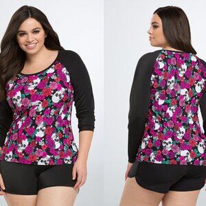 Torrid Dark Floral Skulls Swim Top Size 1X Rash Guard Whimsigoth Colorful EUC